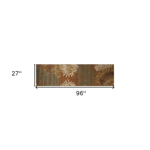 Homeroots 8' Rust Orange Hand Tufted Tropical Leaves Indoor Runner Rug  Wool 352481