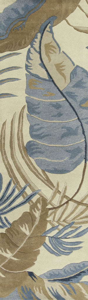 HomeRoots 5' Tropical Botanical Wool Area Rug in Ivory, Blue & Brown - Hand-Tufted Coastal Charm for Any Room 8' Runner 352482
