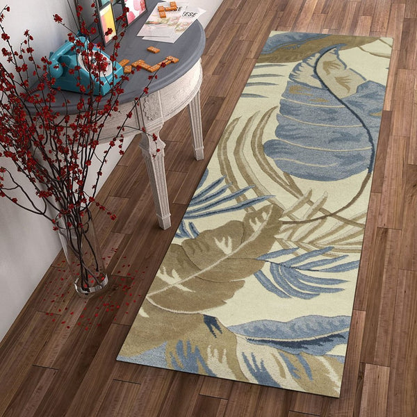 HomeRoots 5' Tropical Botanical Wool Area Rug in Ivory, Blue & Brown - Hand-Tufted Coastal Charm for Any Room 8' Runner 352482