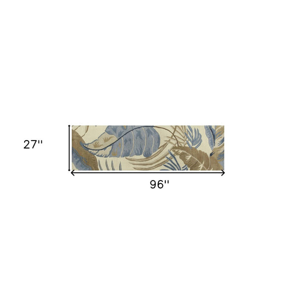 HomeRoots 5' Tropical Botanical Wool Area Rug in Ivory, Blue & Brown - Hand-Tufted Coastal Charm for Any Room 8' Runner 352482