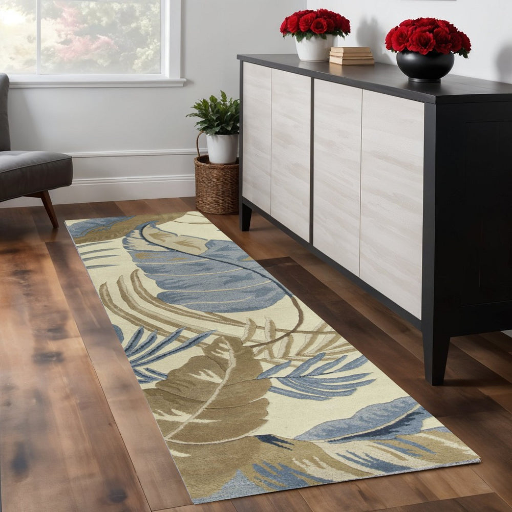 HomeRoots 5' Tropical Botanical Wool Area Rug in Ivory, Blue & Brown - Hand-Tufted Coastal Charm for Any Room 8' Runner 352482