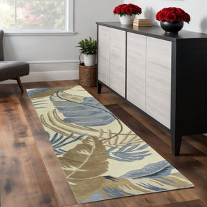 HomeRoots 5' Tropical Botanical Wool Area Rug in Ivory, Blue & Brown - Hand-Tufted Coastal Charm for Any Room 8' Runner 352482