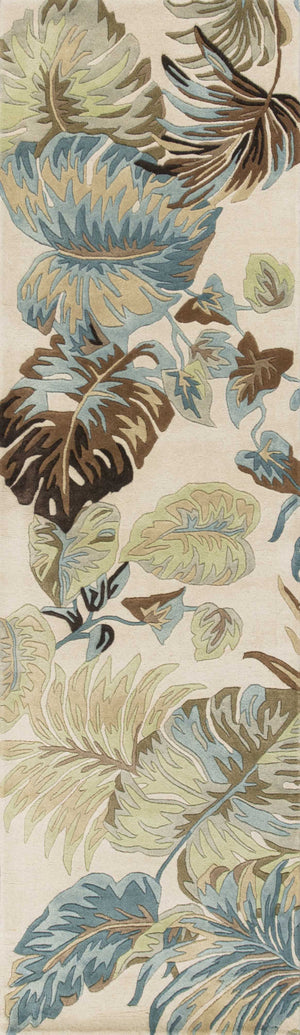 Homeroots 8' Ivory Blue Hand Tufted Tropical Leaves Indoor Runner Rug  Wool 352483