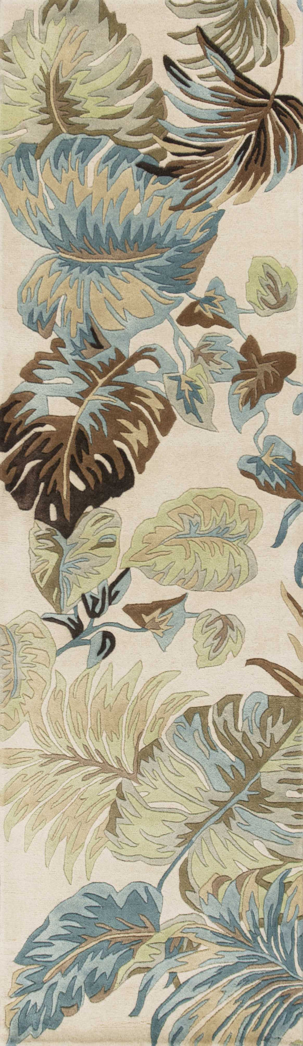 Homeroots 8' Ivory Blue Hand Tufted Tropical Leaves Indoor Runner Rug  Wool 352483