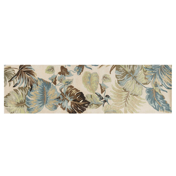 Homeroots 8' Ivory Blue Hand Tufted Tropical Leaves Indoor Runner Rug  Wool 352483