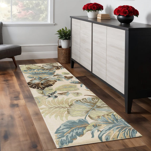 HomeRoots 5' Luxurious Hand-Tufted Wool Area Rug with Botanical Blue Leaves - Organic Elegance for Any Room 8' Runner 352483