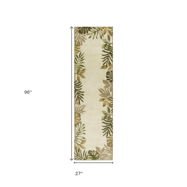 HomeRoots 5' Hand-Tufted Wool Area Rug with Elegant Ivory and Green Botanical Design for Cozy Interiors 8' Runner 352485