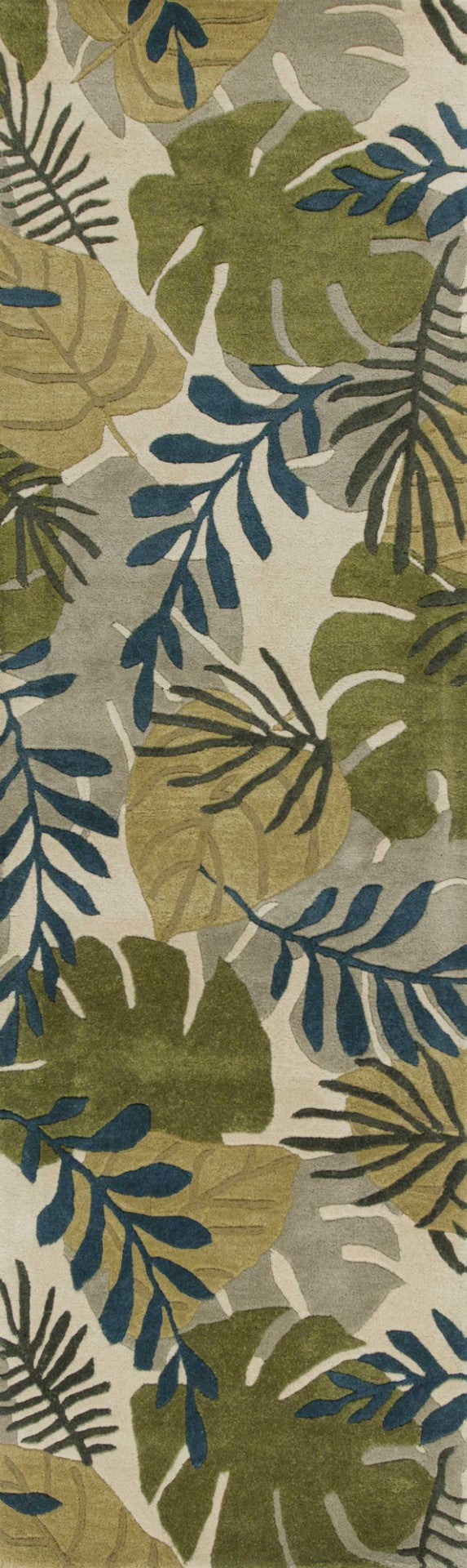 HomeRoots 5' Luxurious Wool Botanical Leaves Area Rug - Hand-Tufted Ivory, Green & Blue for Cozy Spaces 8' Runner 352486