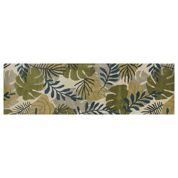 HomeRoots 5' Luxurious Wool Botanical Leaves Area Rug - Hand-Tufted Ivory, Green & Blue for Cozy Spaces 8' Runner 352486