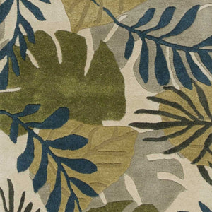 HomeRoots 5' Luxurious Wool Botanical Leaves Area Rug - Hand-Tufted Ivory, Green & Blue for Cozy Spaces 8' Runner 352486
