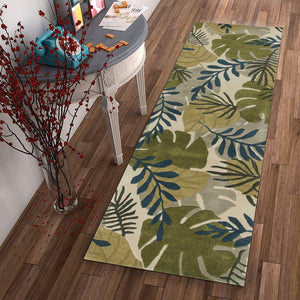HomeRoots 5' Luxurious Wool Botanical Leaves Area Rug - Hand-Tufted Ivory, Green & Blue for Cozy Spaces 8' Runner 352486