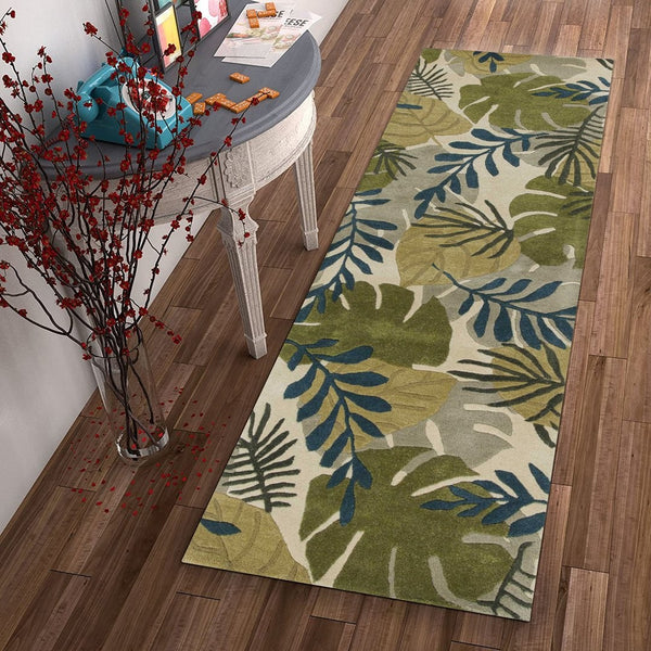 HomeRoots 5' Luxurious Wool Botanical Leaves Area Rug - Hand-Tufted Ivory, Green & Blue for Cozy Spaces 8' Runner 352486