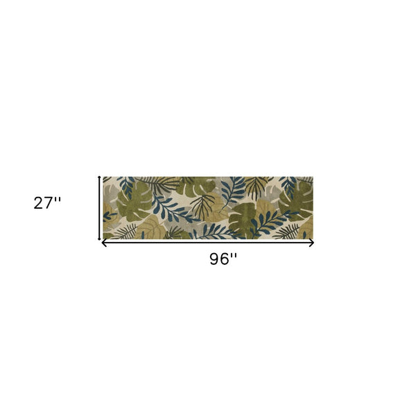 HomeRoots 5' Luxurious Wool Botanical Leaves Area Rug - Hand-Tufted Ivory, Green & Blue for Cozy Spaces 8' Runner 352486