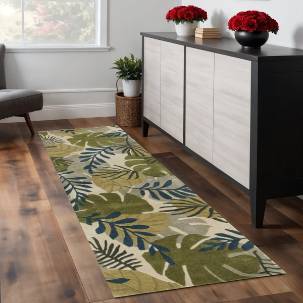 HomeRoots 5' Luxurious Wool Botanical Leaves Area Rug - Hand-Tufted Ivory, Green & Blue for Cozy Spaces 8' Runner 352486