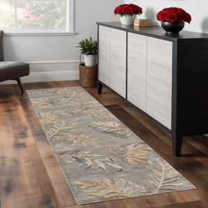 HomeRoots 5' Elegant Gray and Taupe Hand-Tufted Wool Area Rug with Botanical Leaves for Cozy Living Spaces 8' Runner 352487