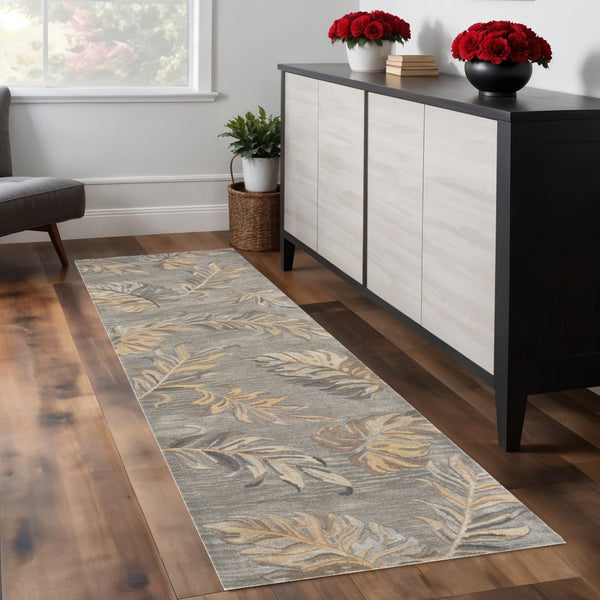 HomeRoots 5' Elegant Gray and Taupe Hand-Tufted Wool Area Rug with Botanical Leaves for Cozy Living Spaces 8' Runner 352487
