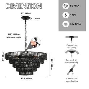 English Elm 24" Rustic 5-Tier Black Hemp Rope Chandelier – 8 E12 Sockets, Adjustable 150cm, Boho Farmhouse Fixture W1340P241299