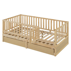 English Elm Twin Pinewood Daybed with Fence Guardrails Splits Into Two Floor Beds Storage Natural LP100881AAN