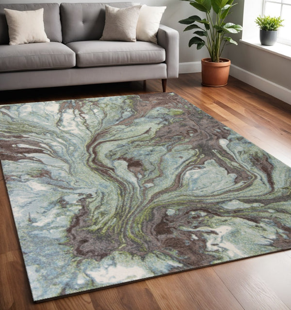 HomeRoots 7' Abstract Area Rug in Calming Green & Brown Tones - Durable, Stylish, Perfect for High-Traffic Spaces 5' X 8' 352505