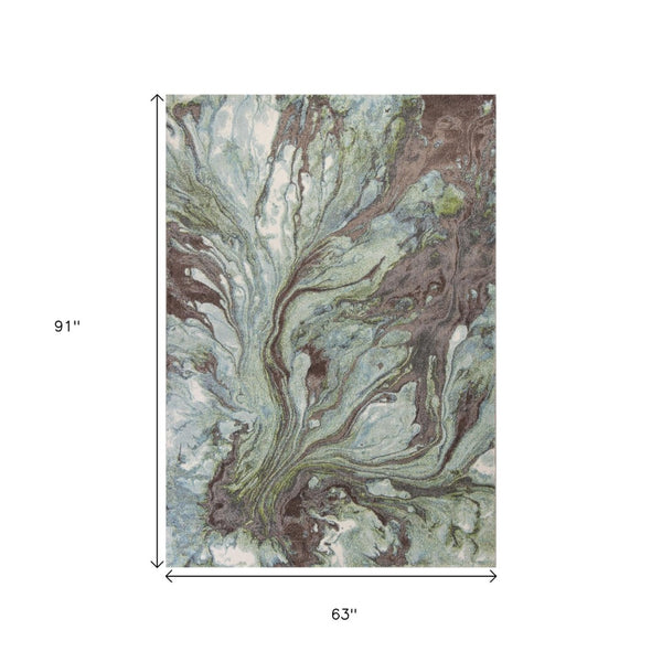 HomeRoots 7' Abstract Area Rug in Calming Green & Brown Tones - Durable, Stylish, Perfect for High-Traffic Spaces 5' X 8' 352505