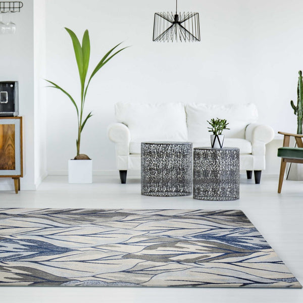 HomeRoots 8' Gray and Navy Blue Botanical Leaves Area Rug - Stylish, Durable, and Perfect for Any Room Decor 5' X 8' 352514