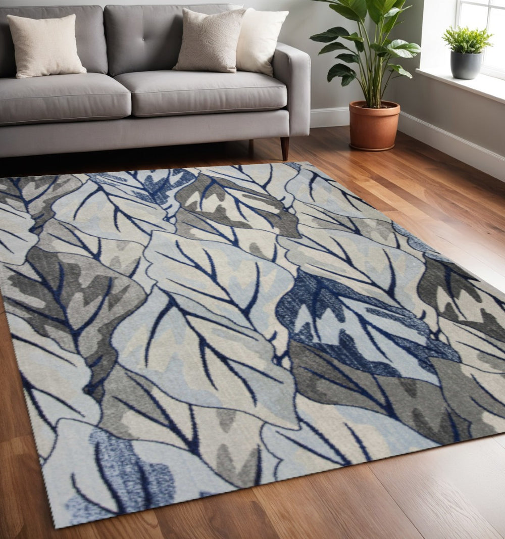 HomeRoots 8' Gray and Navy Blue Botanical Leaves Area Rug - Stylish, Durable, and Perfect for Any Room Decor 5' X 8' 352514