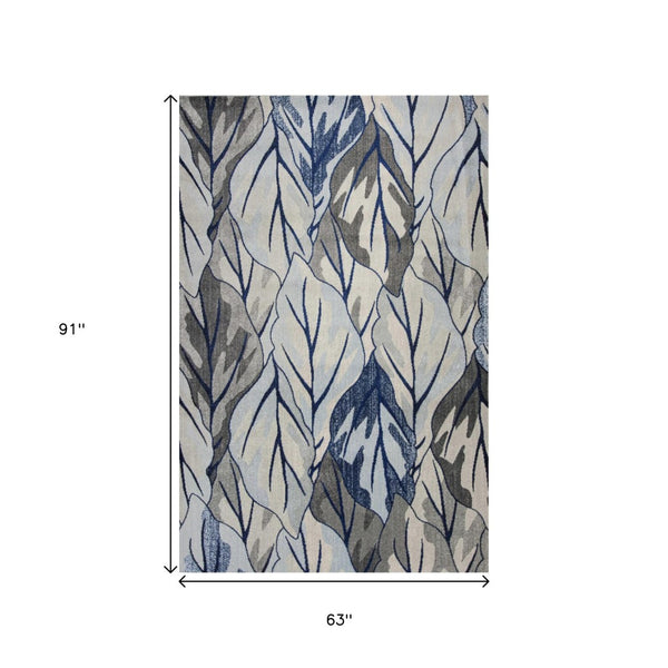 HomeRoots 8' Gray and Navy Blue Botanical Leaves Area Rug - Stylish, Durable, and Perfect for Any Room Decor 5' X 8' 352514