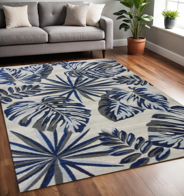 HomeRoots 8' Transform Your Space with a Blue and Gray Botanical Leaves Area Rug for Modern Elegance & Comfort 5' X 8' 352516