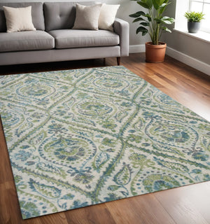 HomeRoots 7' Bold Green, Ivory & Teal Medallion Area Rug - Stylish, Durable, and Low-Maintenance for Any Room 5' X 8' 352517