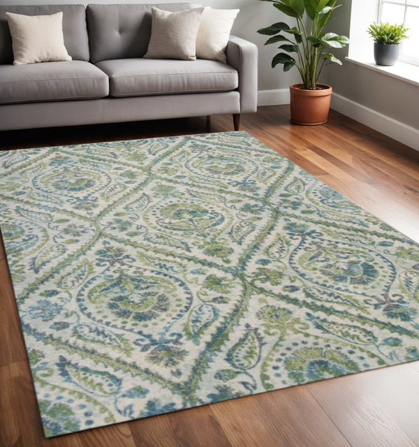 HomeRoots 7' Bold Green, Ivory & Teal Medallion Area Rug - Stylish, Durable, and Low-Maintenance for Any Room 5' X 8' 352517