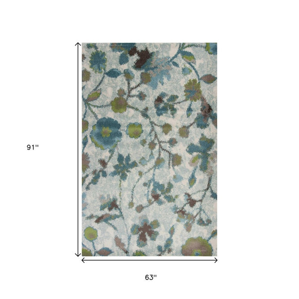 HomeRoots 8' Vibrant Teal Blue Floral Vines Area Rug - Durable, Stain-Resistant, Perfect for Homes with Kids & Pets 5' X 8' 352518