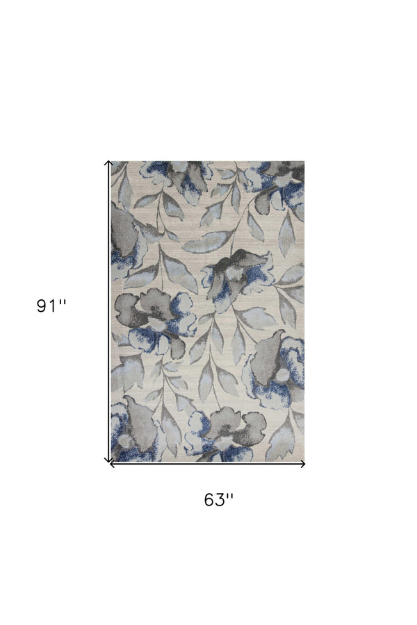 Homeroots 5' X 8' Grey Or Blue Floral Indoor Area Rug  Polypropylene 352519