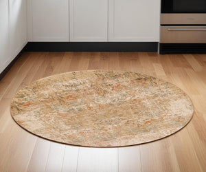 Homeroots 7' Round Champagne Abstract Indoor Area Rug  Polypropylene 352528