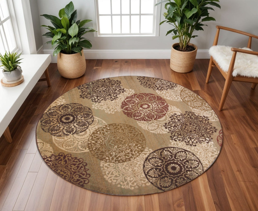 HomeRoots 8' Sage Brown and Ivory Floral Medallion Area Rug - Elegant, Durable, Stain-Resistant Design for Homes 8' Round 352530