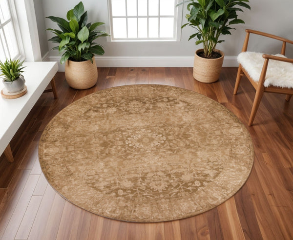 HomeRoots 8' Vintage-Inspired Beige and Tan Floral Medallion Distressed Area Rug for Stylish Living Spaces 8' Round 352532