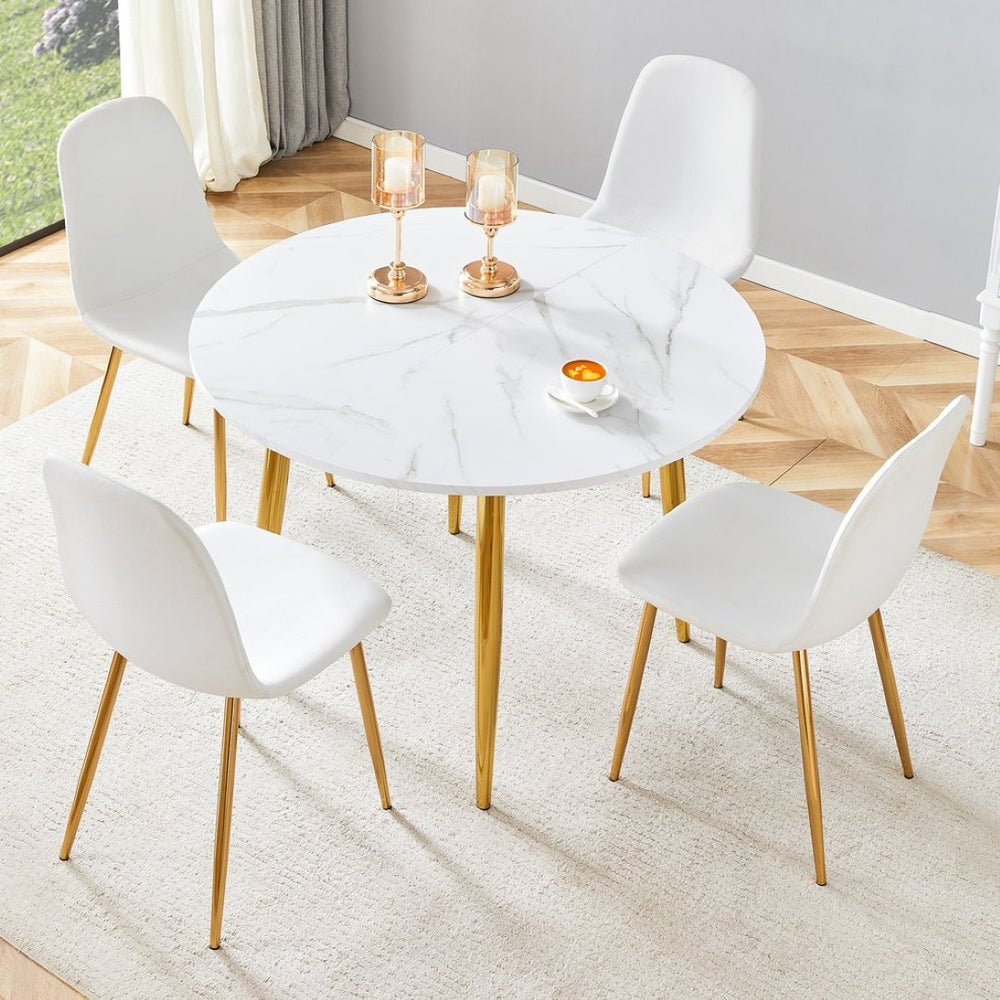 English Elm Table and Chair Set Extendable Round Mdf Dining with Gold Legs Linen Seats W1151S03957