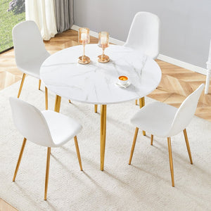 English Elm Table and Chair Set Extendable Round Mdf Dining with Gold Legs Linen Seats W1151S03957