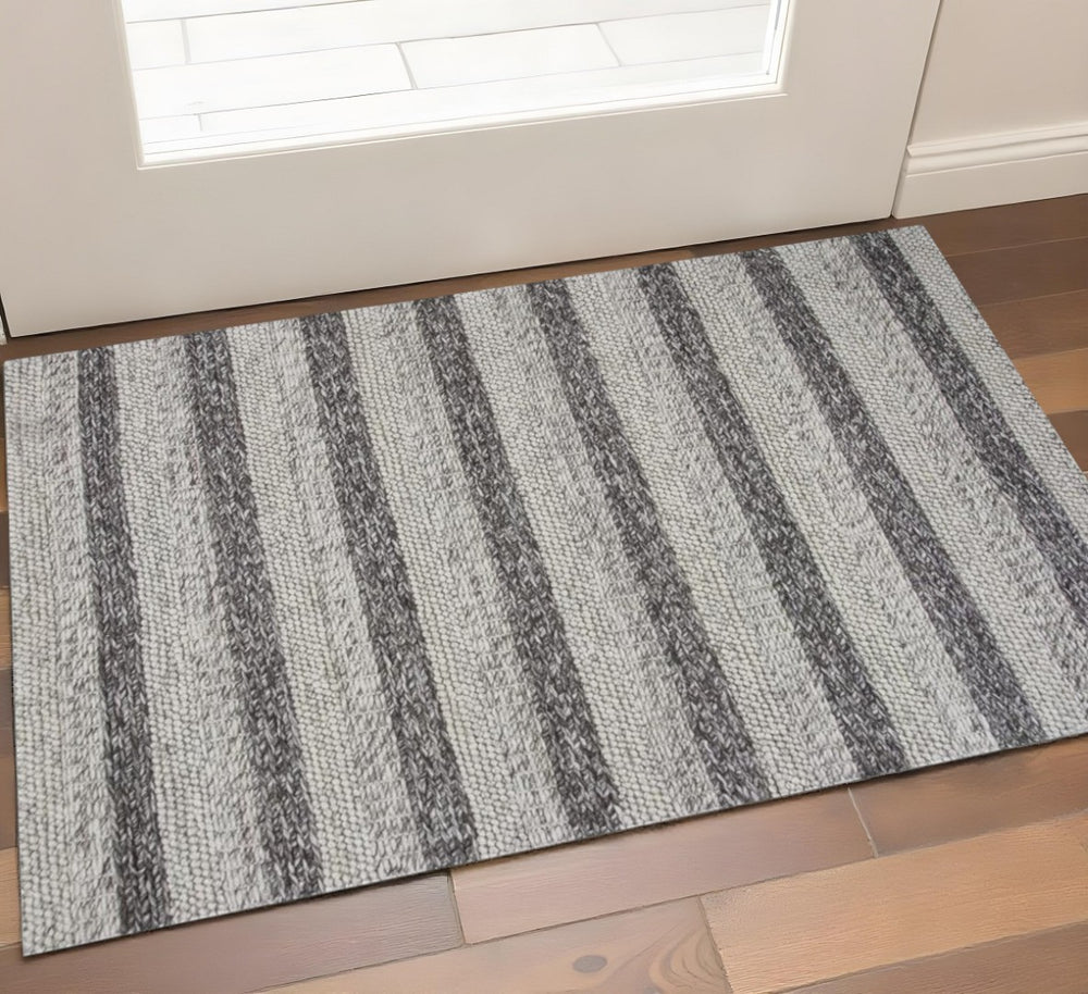 HomeRoots 5' Hand-Woven New Zealand Lambs Wool Striped Area Rug in Brown, Gray & Ivory for Luxurious Comfort 3' X 5' 352536