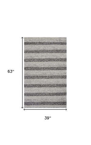 Homeroots 3' X 5' Grey White Hand Woven Knobby Stripes Indoor Area Rug  Wool 352536