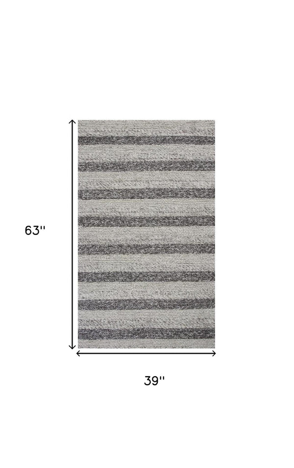 Homeroots 3' X 5' Grey White Hand Woven Knobby Stripes Indoor Area Rug  Wool 352536