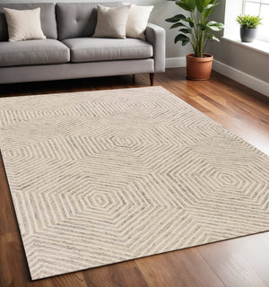 HomeRoots 8' Wool Geometric Hand-Tufted Area Rug in Sand and Beige - Modern, Durable, and Inviting Design 5' X 7' 352547