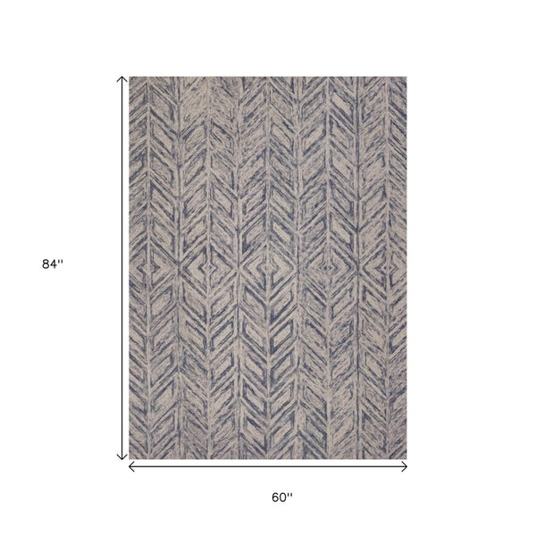 HomeRoots 8' Hand-Tufted Wool Chevron Area Rug in Blue and Beige – Stylish Comfort for Modern Interiors 5' X 7' 352548