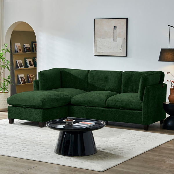 English Elm 96.5" L-shaped Chenille Sectional with Storage Ottoman Eucalyptus Frame Living Room Green W1097S00283