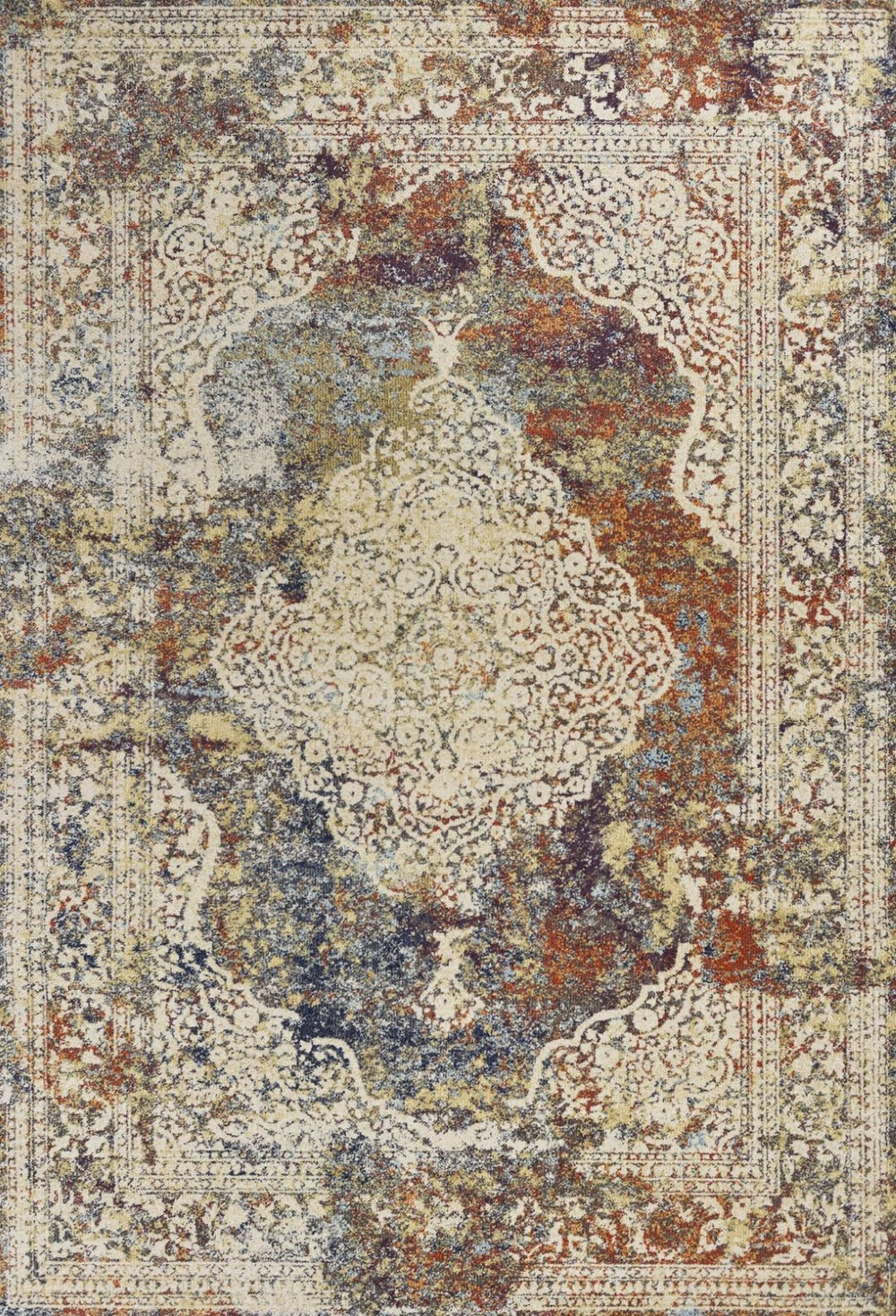 HomeRoots 5' Traditional Medallion Area Rug in Ivory, Blue & Orange - Elegant, Durable, Low-Maintenance Design 5' X 8' 352578