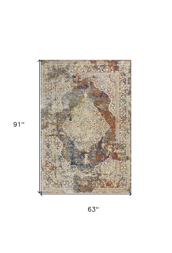 HomeRoots 5' Traditional Medallion Area Rug in Ivory, Blue & Orange - Elegant, Durable, Low-Maintenance Design 5' X 8' 352578