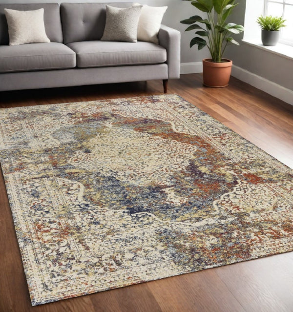 HomeRoots 5' Traditional Medallion Area Rug in Ivory, Blue & Orange - Elegant, Durable, Low-Maintenance Design 5' X 8' 352578