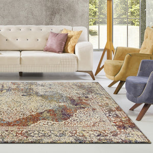 HomeRoots 5' Traditional Medallion Area Rug in Ivory, Blue & Orange - Elegant, Durable, Low-Maintenance Design 5' X 8' 352578