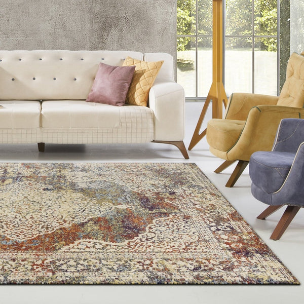 HomeRoots 5' Traditional Medallion Area Rug in Ivory, Blue & Orange - Elegant, Durable, Low-Maintenance Design 5' X 8' 352578