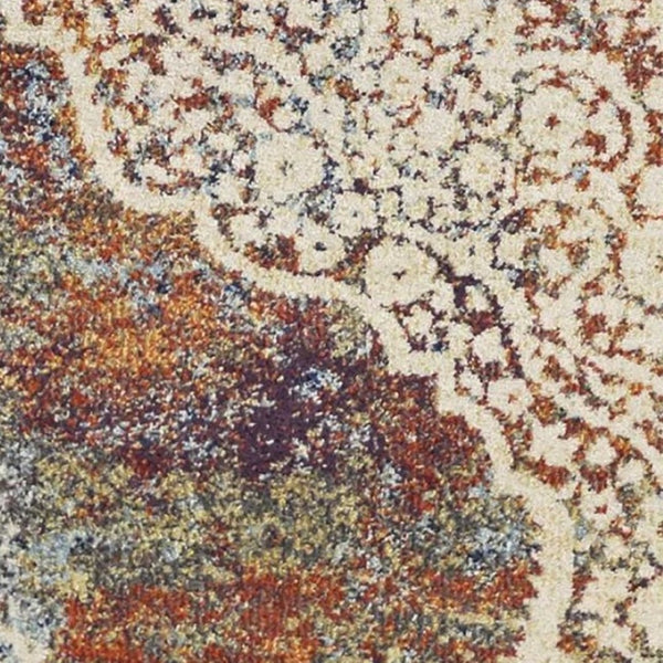 HomeRoots 5' Traditional Medallion Area Rug in Ivory, Blue & Orange - Elegant, Durable, Low-Maintenance Design 5' X 8' 352578