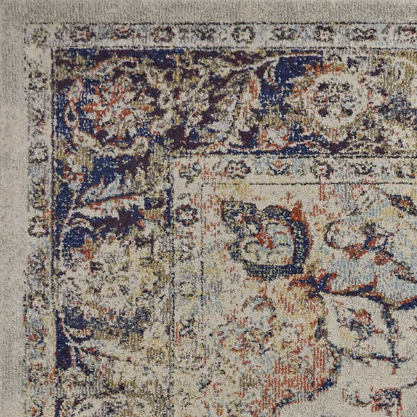 HomeRoots 5' Traditional Medallion Area Rug in Ivory with Blue and Orange Accents for Timeless Elegance 5' X 8' 352579